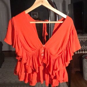 FREE PEOPLE red orange Valentina ruffle top